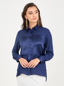Styli Elevate - Navy Blue Collared Button Through Sheer Shirt