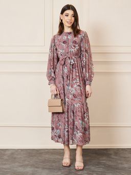 Styli - Pink Maxi Balloon Sleeves Floral Tiered Maxi Dress (Set of 2)