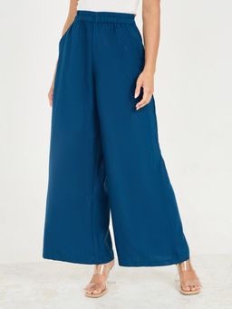 Styli Elevate - Medium Blue Viscose Rayon Textured Wide Leg Pants with Pockets