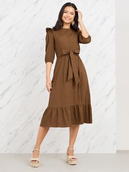 Styli - Brown Ruffle Detail Self Tie Up A-Line Midi Dress