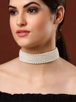 Moedbuille - Off White Pearls Studded Handcrafted Embroidered Design Contemporary Choker Necklace