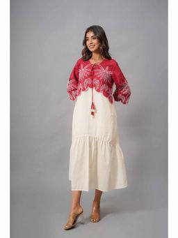 Zolo Label - Red and Off White Midi Dress with Embroidery Work