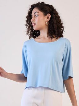 Powersutra - Blue Boat Neck Boxy Fit Crop Top