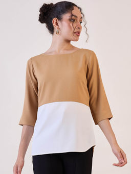 Powersutra - Beige and White Colorblock Top
