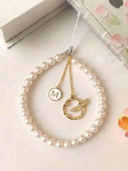 YELONA - Pearl Mobile Phone Charm/Lanyard with Bee and 'm Initial White (S)