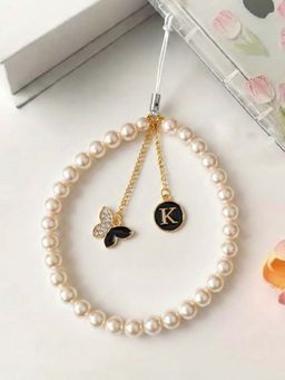 YELONA - Pearl Mobile Phone Charm/Lanyard with Letter K and Butterfly Black (S)