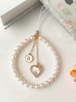 YELONA - Pearl Phone Charm Wrist Strap with Heart Pendant and Initial Charm White (S)