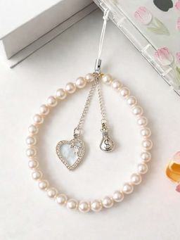YELONA - Pearl Mobile Phone Charm/Lanyard Wrist Strap Heart and Dollar Details White (S)