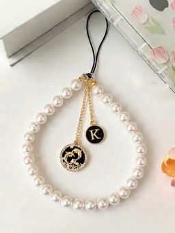 YELONA - Pearl Phone Charm Wrist Strap with Dolphin Pendant and Initial K Black (S)