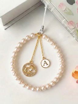 YELONA - Pearl Phone Charm Wrist Strap Dolphin Pendant Initial A White (S)