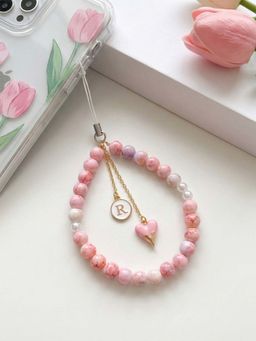 YELONA - Pearl Phone Charm Bracelet Heart Pendant Initial R Pink (S)