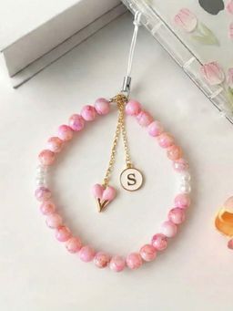 YELONA - Beaded Phone Charm Wrist Strap Heart Initial Pendant Pink (S)