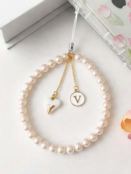 YELONA - Pearl Phone Charm Strap Elegant Heart Pendant Initial V White (S)