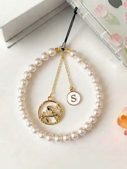 YELONA - Parrot Pearl Phone Charm - Elegant Initial S Beaded Wrist Strap - White (S)