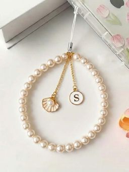 YELONA - Pearl Initial Phone Strap - Elegant Shell Charm with Initial Word S - White (S)