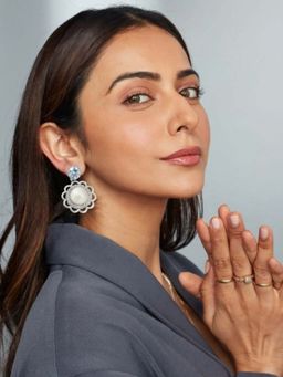 Accessher - Women Silver-Tone AD Floral Pearl Drop Korean Style Earrings