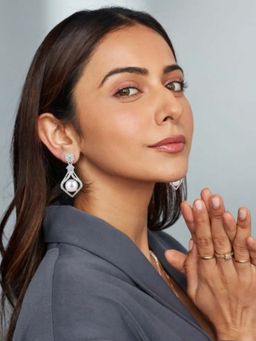 Accessher - Women Silver-Tone AD Pearl Stud Drop Dangle Earrings