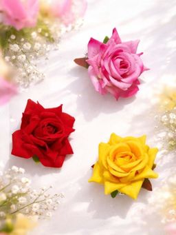 Accessher - Artificial Rose Flower Juda Hair Clips Bridal Bun Pins (Pack of 3)