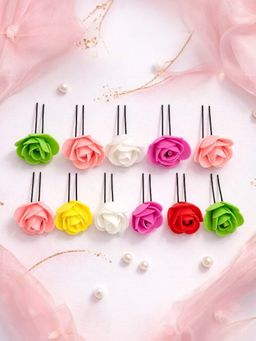 Accessher - Artificial Flower U-Shape Juda Pins Bridal Bun Hair Pins (Pack of 11)