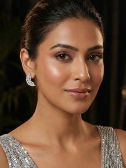 Niscka - Rhodium Plated Crescent White AD Drop Earrings