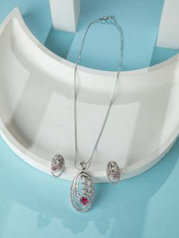 Niscka - Rhodium Plated White and Pink AD Petal Jewellery Set