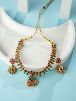 Niscka - 24K Gold Plated Ruby and Emerald Stone Adjustable Jewellery Set