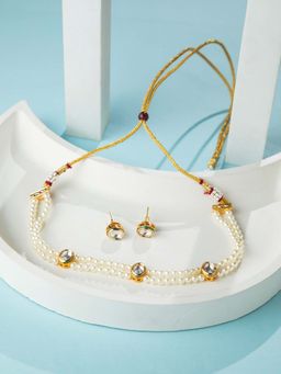 Niscka - Double Layer Faux Pearl and White Kundan Stone Adjustable Jewellery Set