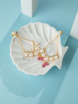 Niscka - Matte Gold Plated Pearl and Red Stone Long Dangler Earrings