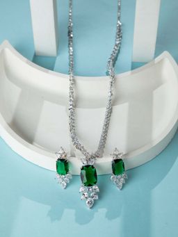 Niscka - Rhodium Plated White and Green AD Emerald Statement Adjustable Jewellery Set
