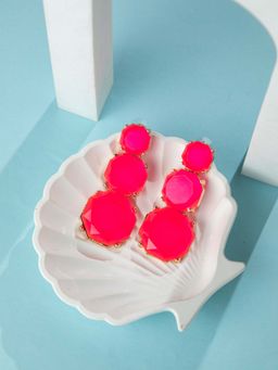 Niscka - Gold Plated Triple Pink Stone Long Statement Earrings