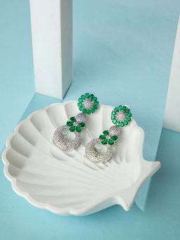 Niscka - Emerald Bloom Rhodium Plated AD Drop Earrings