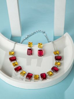 Niscka - Rhodium Plated Yellow and Red Rectangular Stone Adjustable Jewellery Set