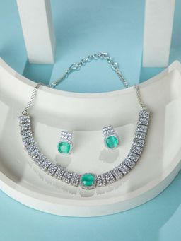 Niscka - Rhodium Plated White and Cyan AD Party Jewellery Set