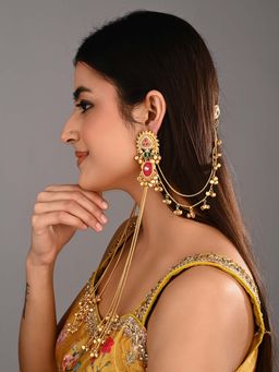 Anvik - Gold plated Multi-Colour long Kashmiri Long Earrings with Ear Chain