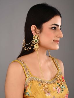 Anvik - Gold-Tone Kundan and Stone Kashmiri Green Long Earrings with Ear Chain