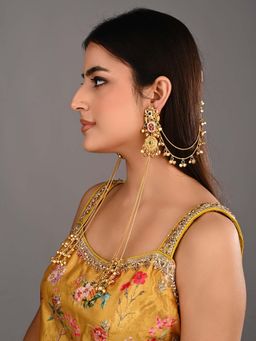 Anvik - Gold-Tone Kundan and Stone Kashmiri Long Earrings with Ear Chain
