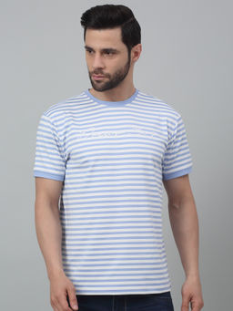 Cantabil - Men Sky Blue Striped Round Neck Half Sleeves T-Shirt