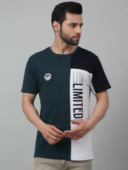 Cantabil - Men Teal Blue Color Block Round Neck Half Sleeves T-Shirt