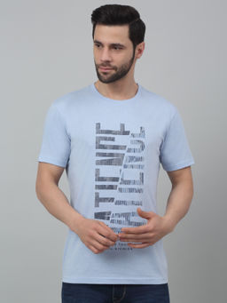 Cantabil - Men Sky Blue Typography Round Neck Half Sleeves T-Shirt