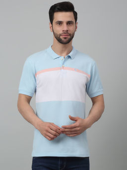 Cantabil - Men Sky Blue Color Block Polo Neck Half Sleeves T-Shirt