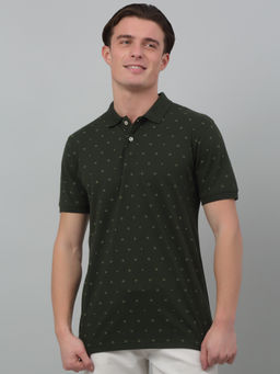 Cantabil - Men Dark Green Printed Polo Neck Half Sleeves T-Shirt