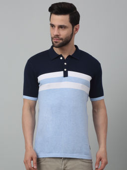 Cantabil - Men Sky Blue Striped Polo Neck Half Sleeves T-Shirt