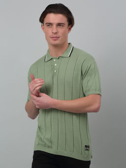 Cantabil - Men Light Green Striped Polo Neck Half Sleeves T-Shirt