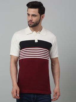 Cantabil - Men Maroon Striped Polo Neck Half Sleeves T-Shirt