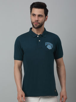 Cantabil - Men Teal Blue Solid Polo Neck Half Sleeves T-Shirt