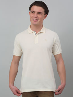 Cantabil - Men Ivory Solid Polo Neck Half Sleeves T-Shirt