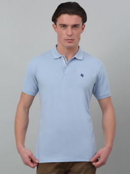 Cantabil - Men Sky Blue Solid Polo Neck Half Sleeves T-Shirt