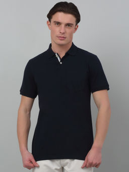 Cantabil - Men Navy Blue Solid Polo Neck Half Sleeves T-Shirt