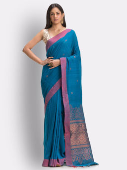Angoshobha - Blue Handloom Cotton Saree with Unstitched Blouse