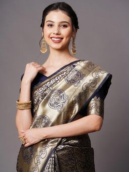 Akhilam - Navy Blue Festive Silk Blend Woven Design Saree with Unstitched Blouse with Unstitched